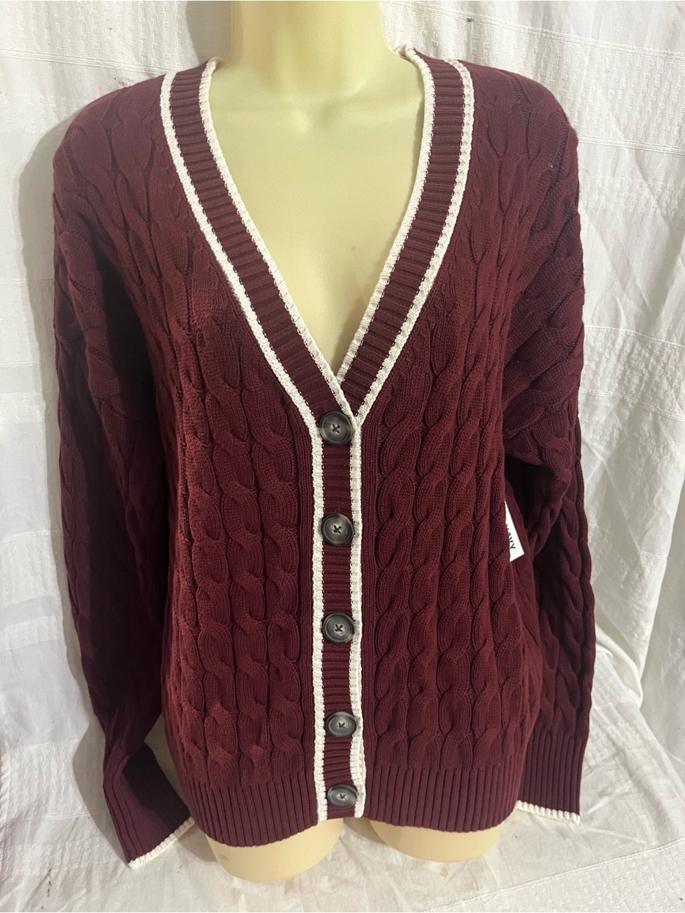 Old Navy Maroon Cable-Knit V-Neck Button Cardigan with Cream Trim